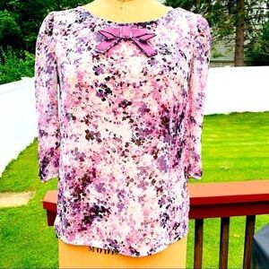 Women’s Blouse floral 3/4 sleeve sheer ribbon bow shirt pink purple small